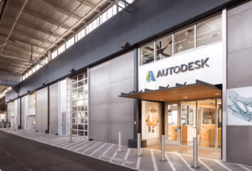 A photograph of the outside entrance to the Autodesk headquarters